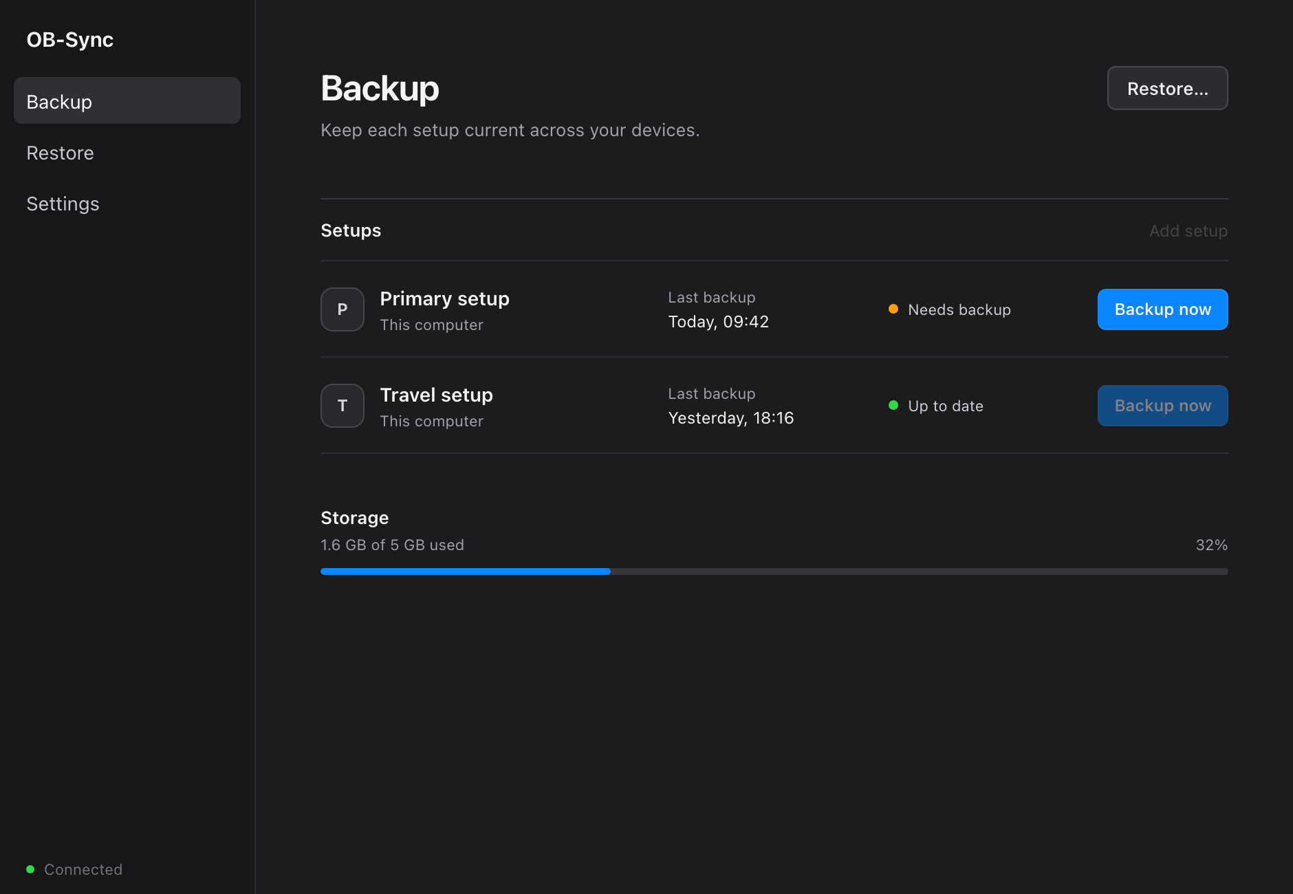 OB-Sync desktop app showing two OBS setups, their backup times, sync status and storage use.